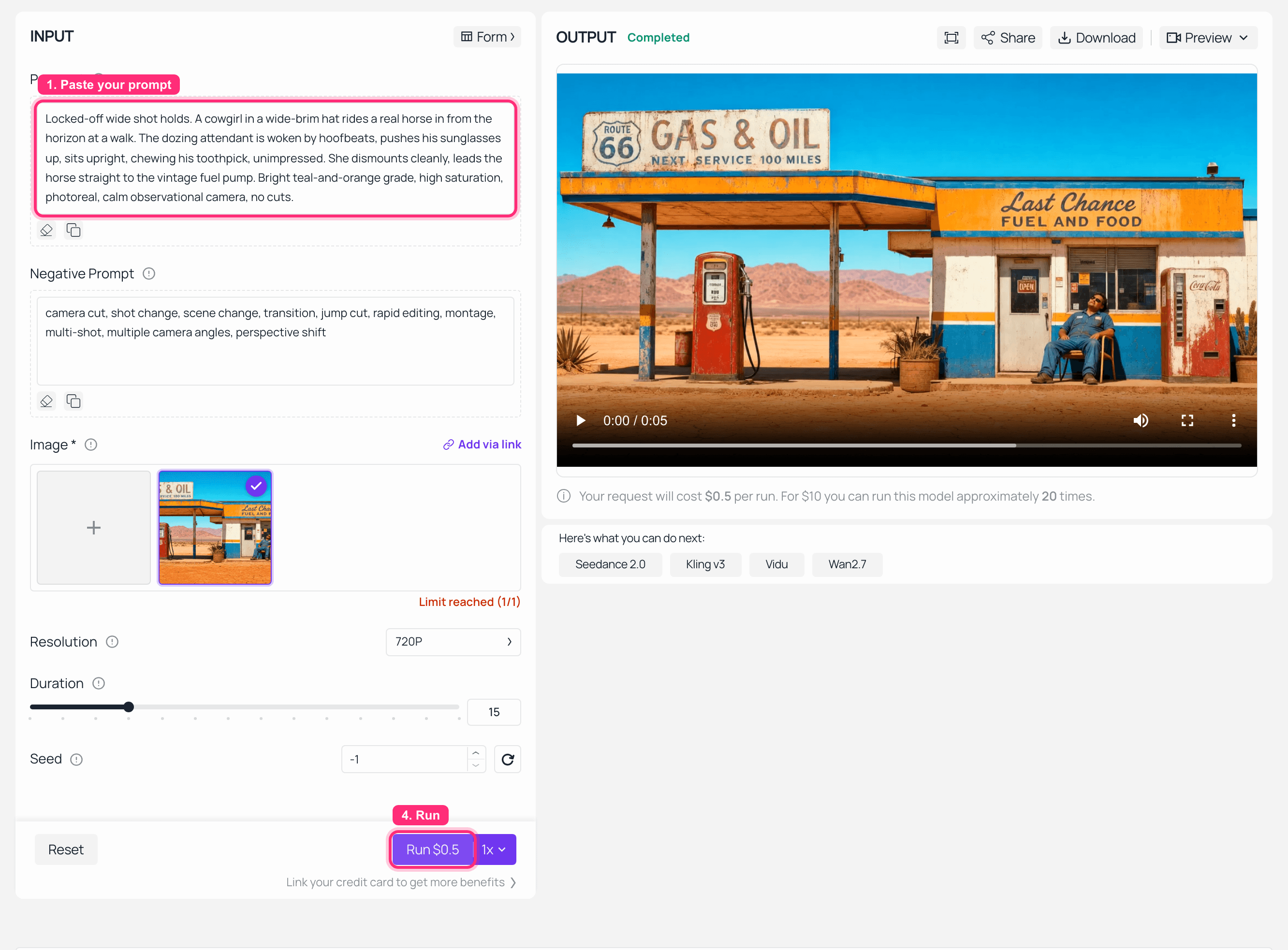Screenshot of an AI video generator interface with input and output