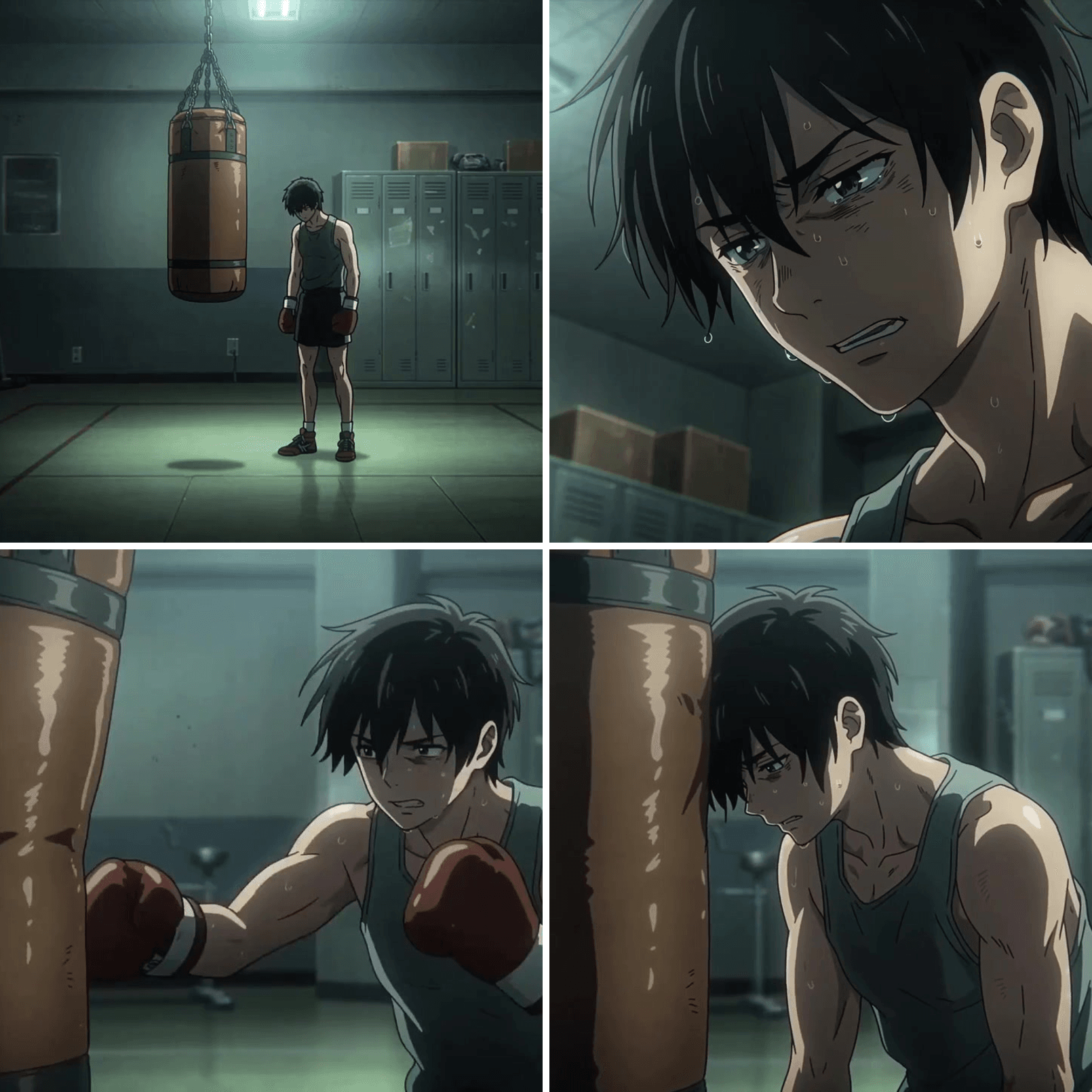 Four anime panels of an exhausted boxer training with a punching bag