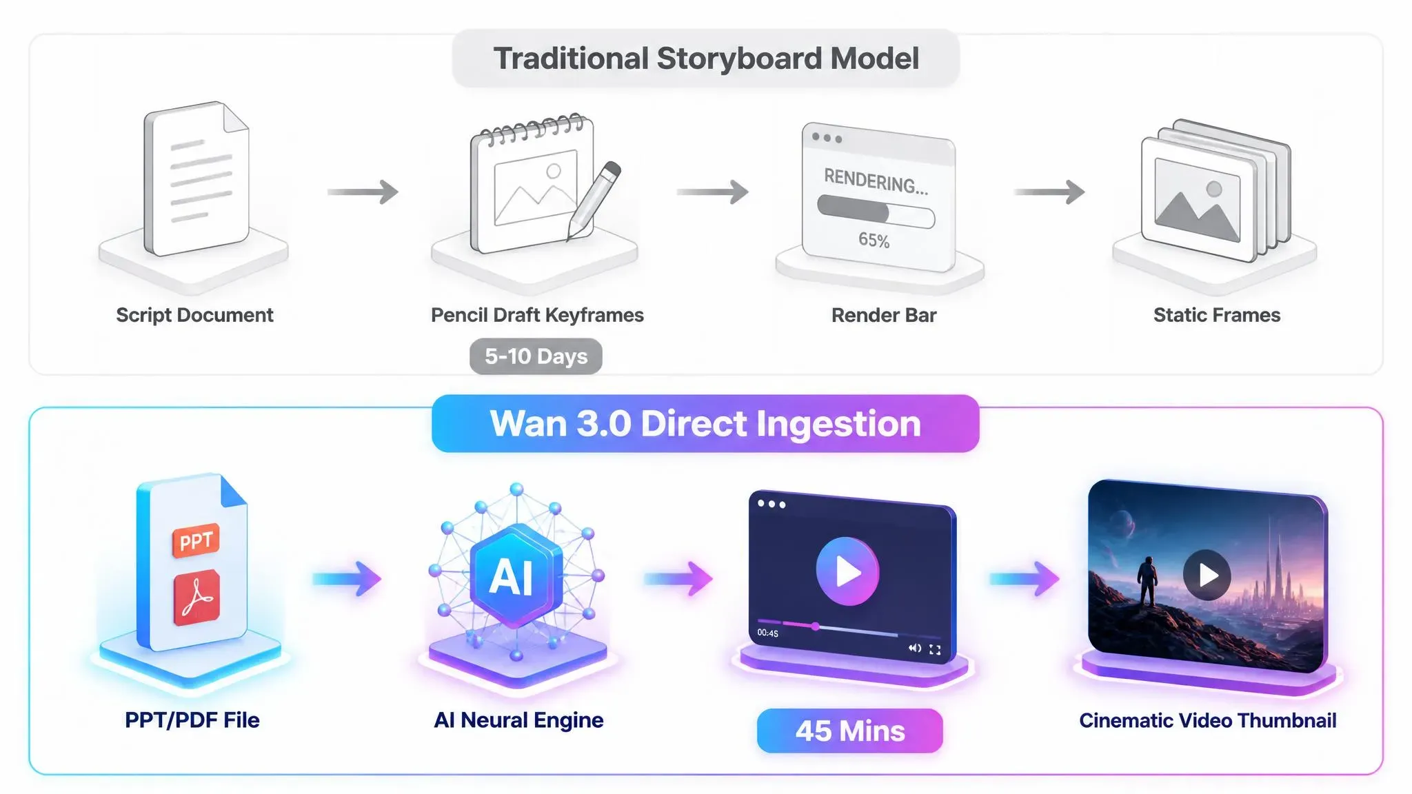 Infographic comparing the traditional 5-10 day manual storyboarding pipeline with the Wan 3.0 direct document to video workflow converting PPT and PDF files in 45 minutes