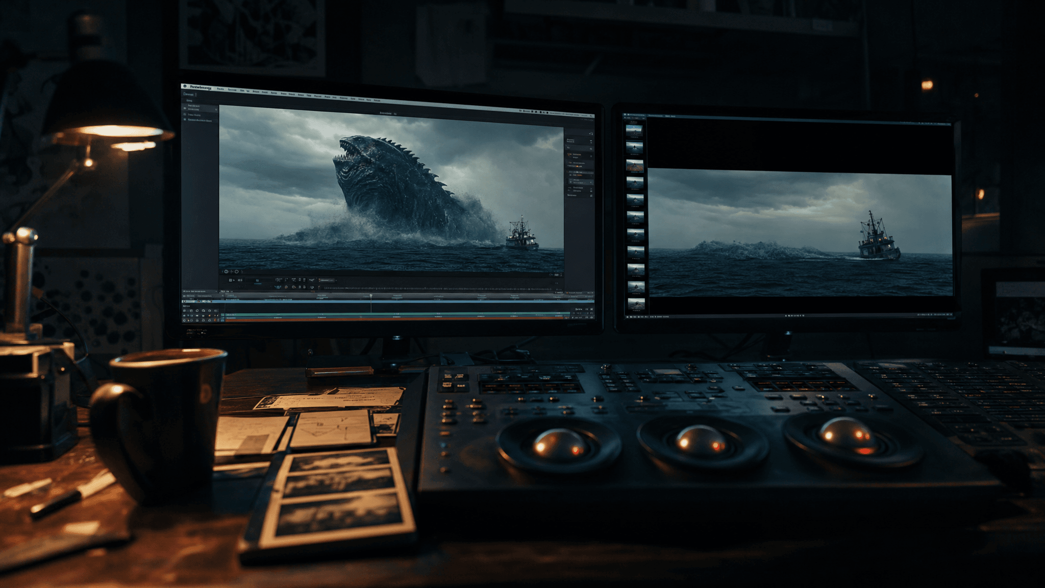 Color grading console with monitors displaying a giant sea monster scene