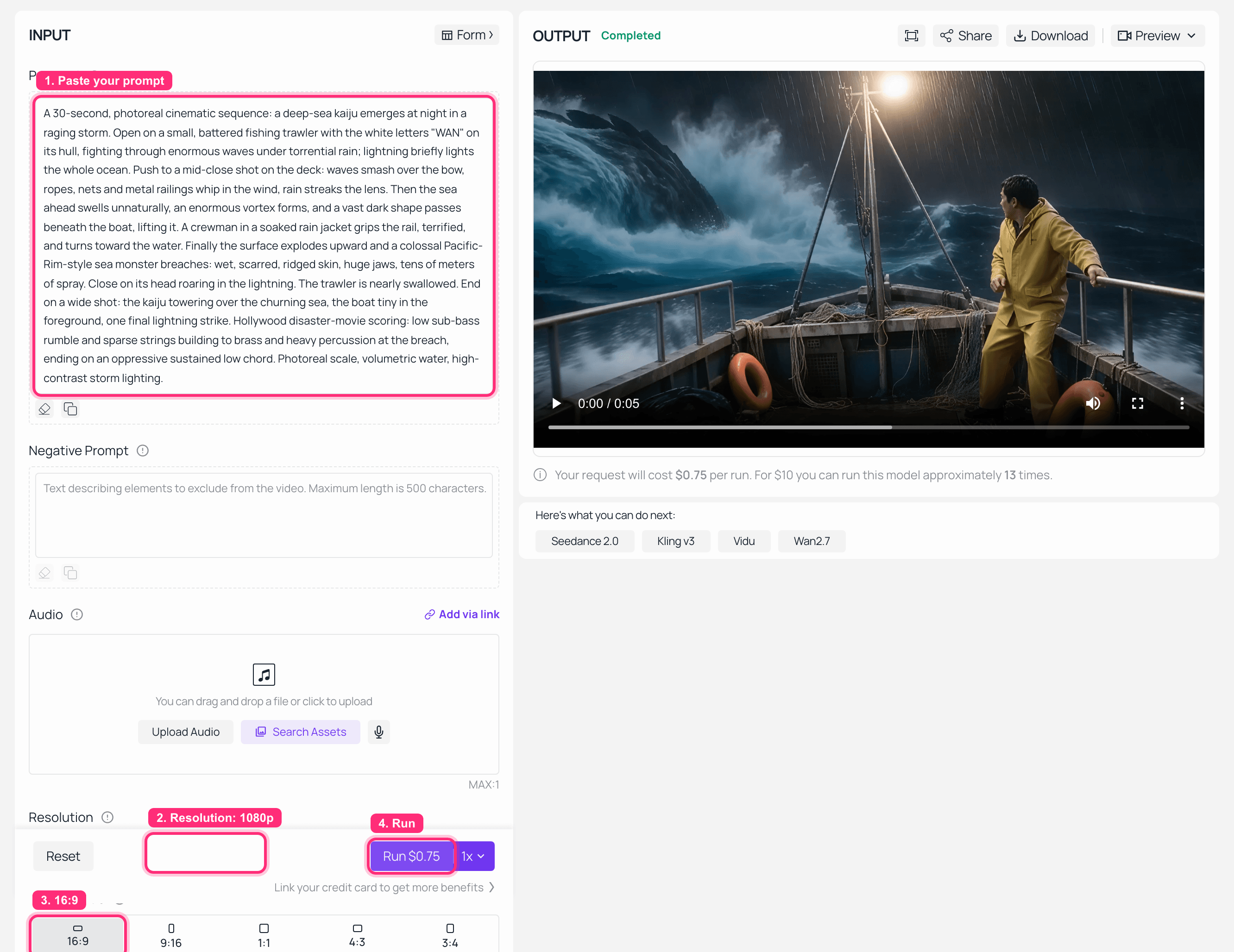 AI video generator interface with numbered steps and a generated video