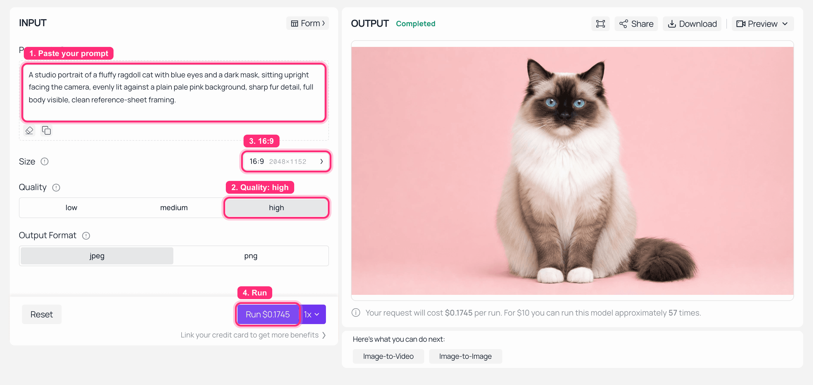AI image generator interface showing input settings and a generated cat