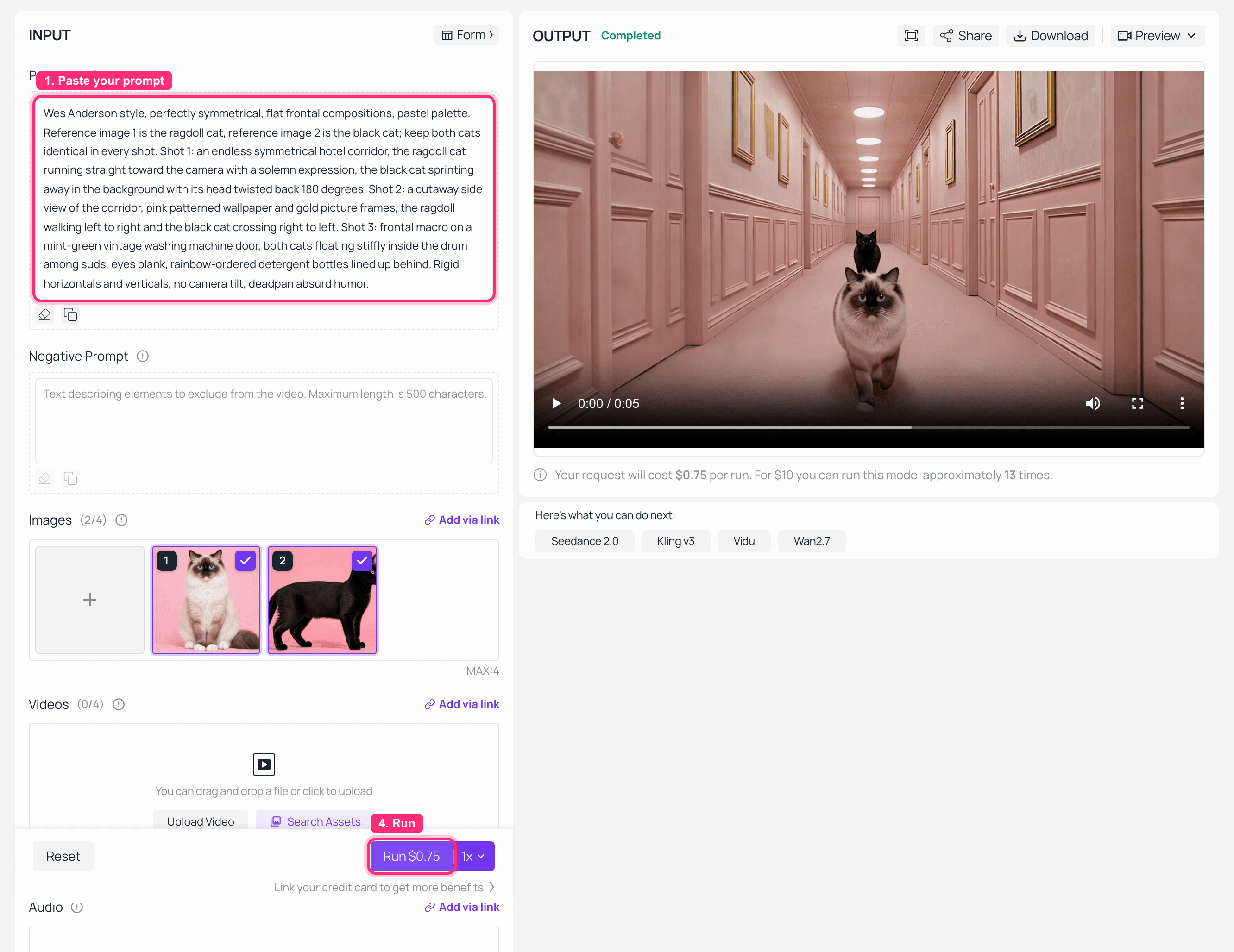 AI video generator interface with text prompt and generated cat video