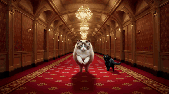 A fluffy cat standing upright beside a black cat in a grand hallway
