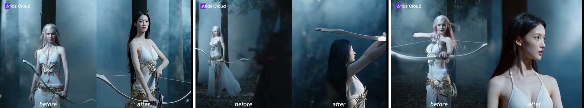 Strip of three before-and-after pairs sampled across a 5.6-second swapped clip, showing the same swapped identity held stable from first frame to last.