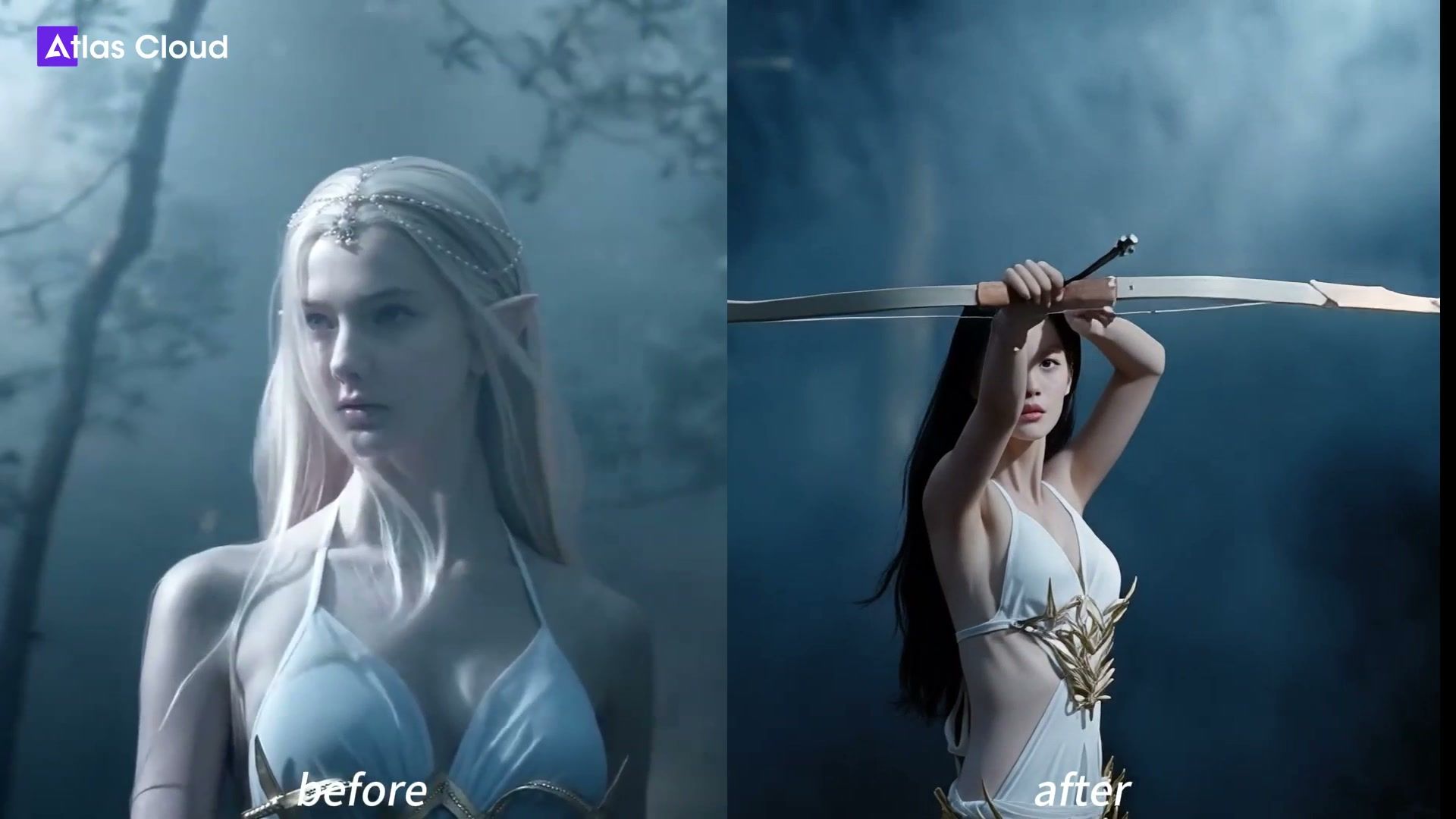 Before and after frames from a video face swap, elf archer on the left, swapped identity with dark hair on the right, Atlas Cloud watermark in the corner.