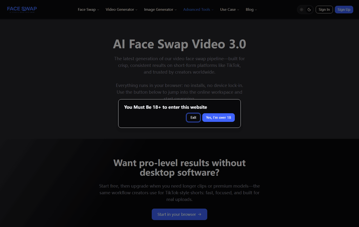Screenshot of the AI Face Swap Video 3.0 page on face-swap.ai, partially covered by an 18+ age gate dialog with Exit and confirmation buttons.