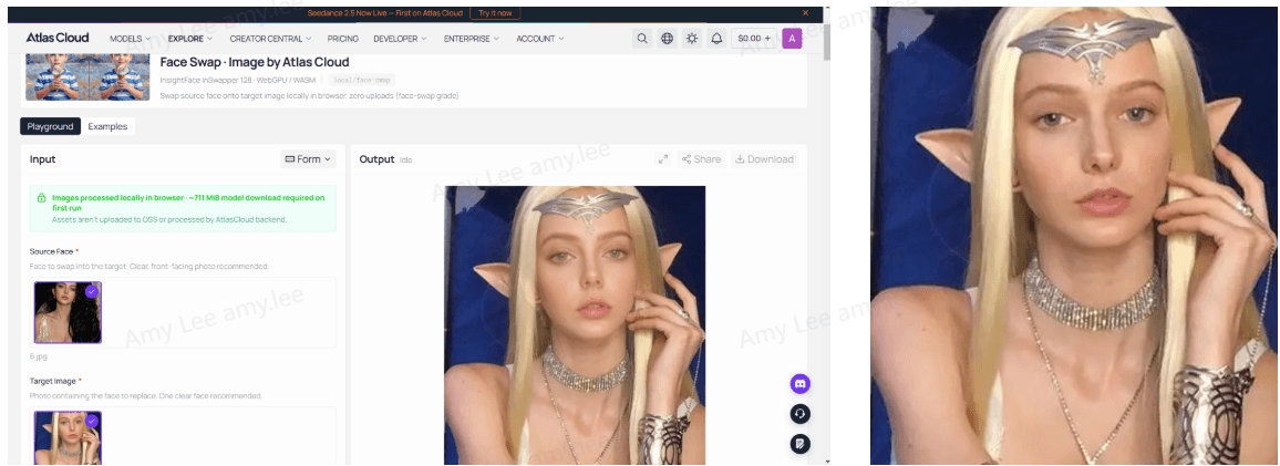 Atlas Cloud free face swap tool showing an elf archer video frame as the target, a smiling portrait as the source face, and the completed still-frame swap beside Blend and Feather sliders.