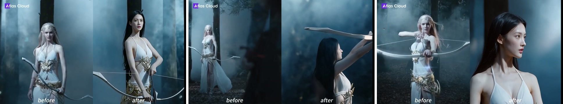 Strip of three before-and-after pairs sampled across a 5.6-second swapped clip, showing the same swapped identity held stable from first frame to last.