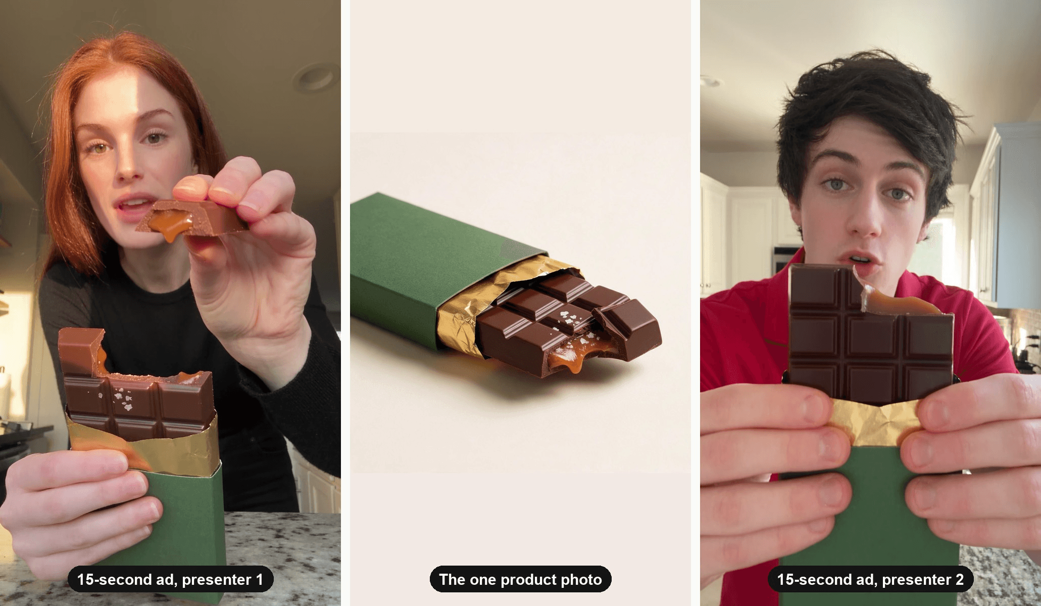 Hero image for AI UGC ads tested on one product: the original chocolate bar photo between two finished Atlas Cloud ads with different presenters, both 15 seconds, vertical, and free of watermarks.