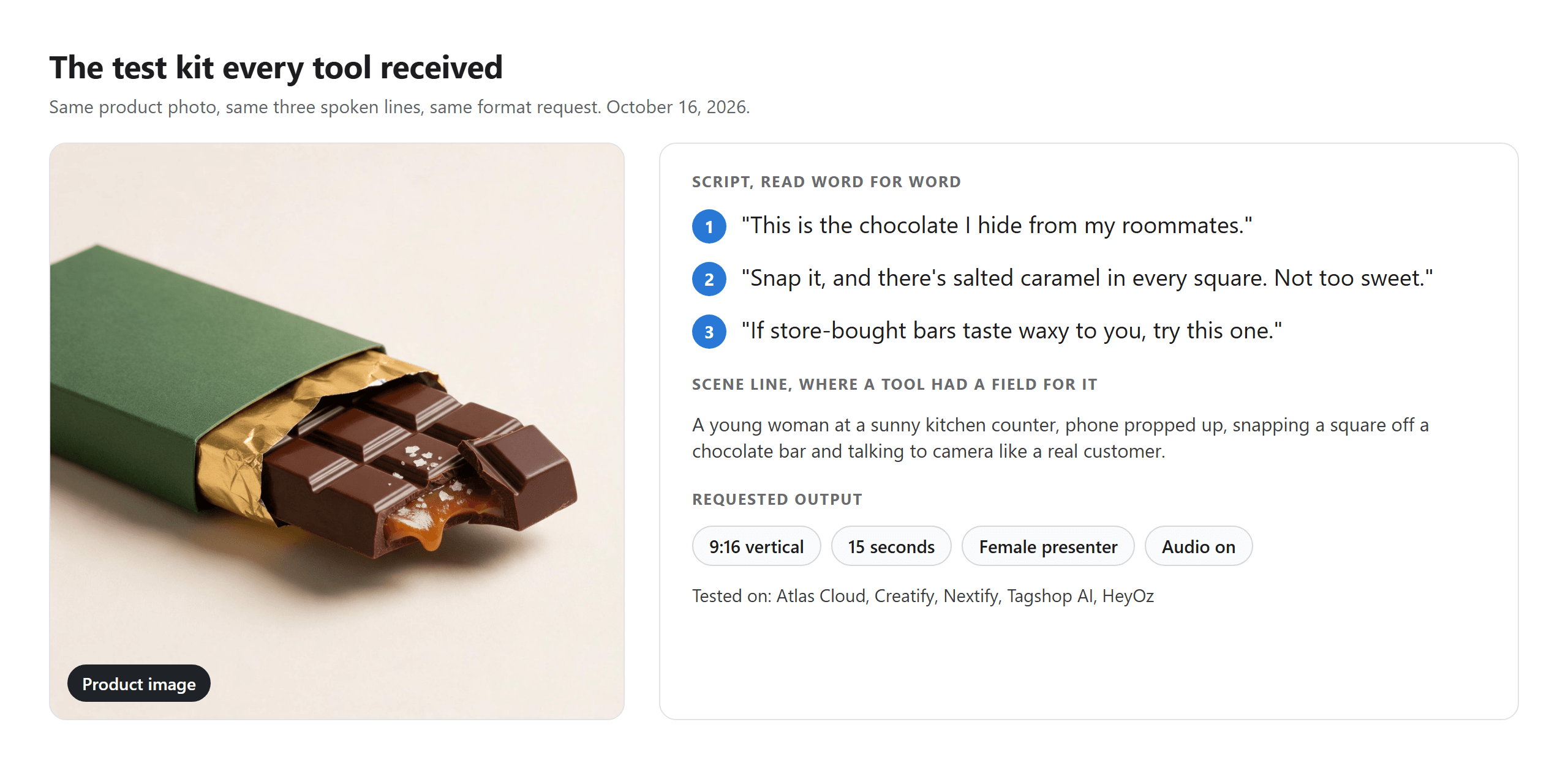 est kit for comparing AI UGC ads tools, showing the chocolate bar product photo, the three quoted script lines, and the requested 9:16 format at 15 seconds.