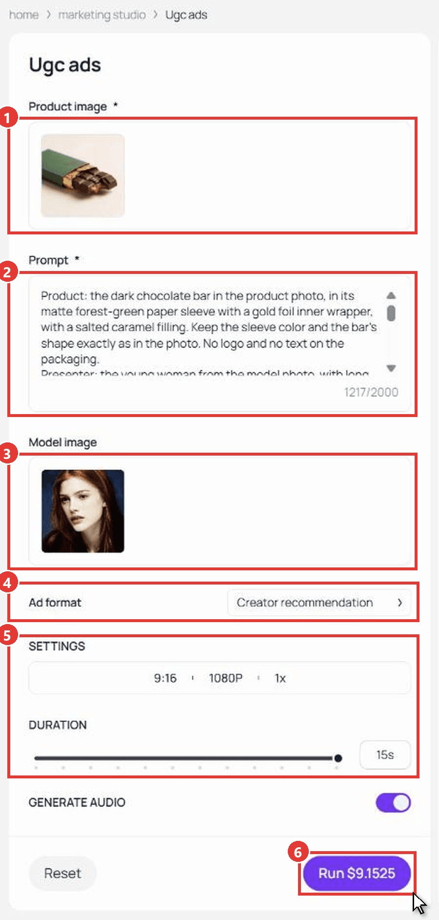 How to make an AI UGC ad in the Atlas Cloud Ugc ads workflow: the chocolate bar in Product image, the test brief in Prompt, the presenter in Model image, Creator recommendation selected, 9:16 at 1080P for 15 seconds, and the Run button