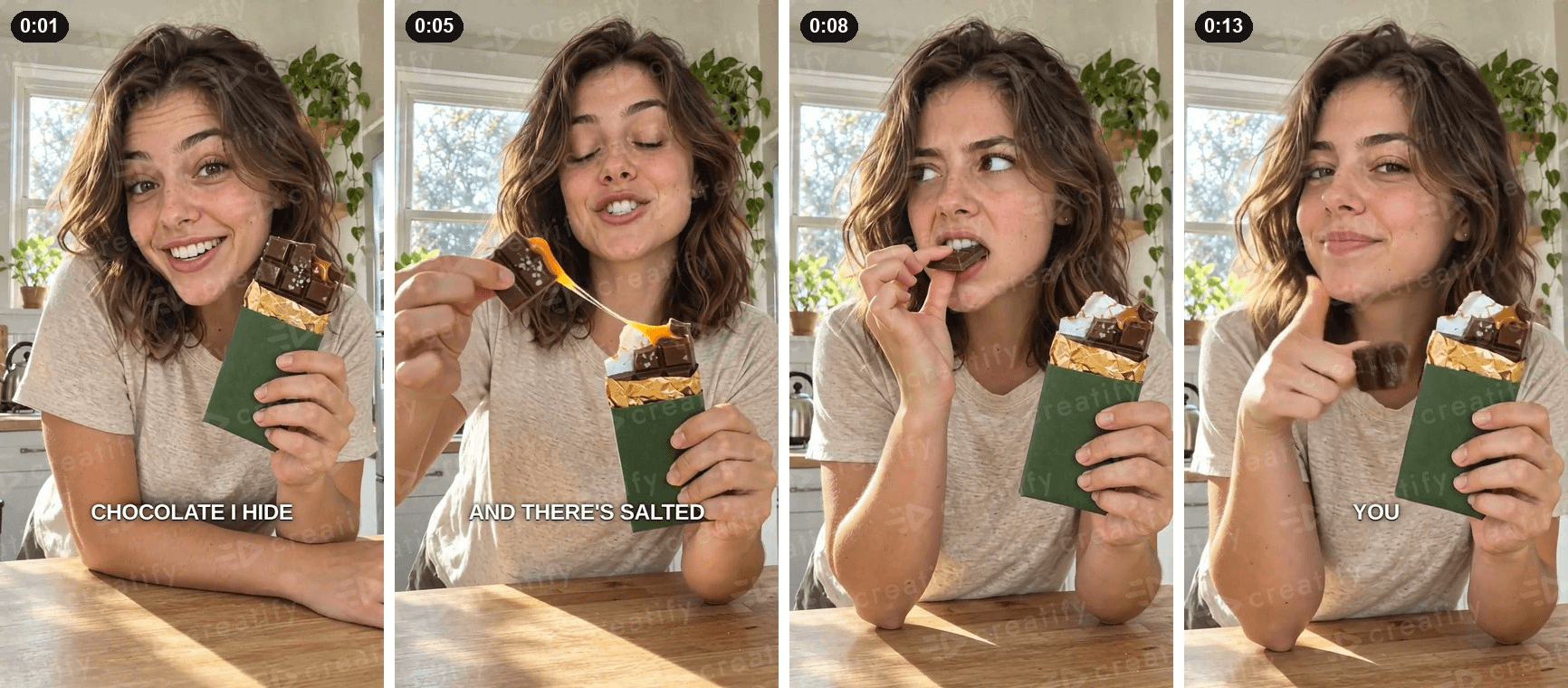 Creatify AI UGC video ad made from our chocolate bar test, showing the presenter, the product in hand, burned-in captions, and the free-plan watermark. Frames from our own Creatify test on a free account, October 2026.