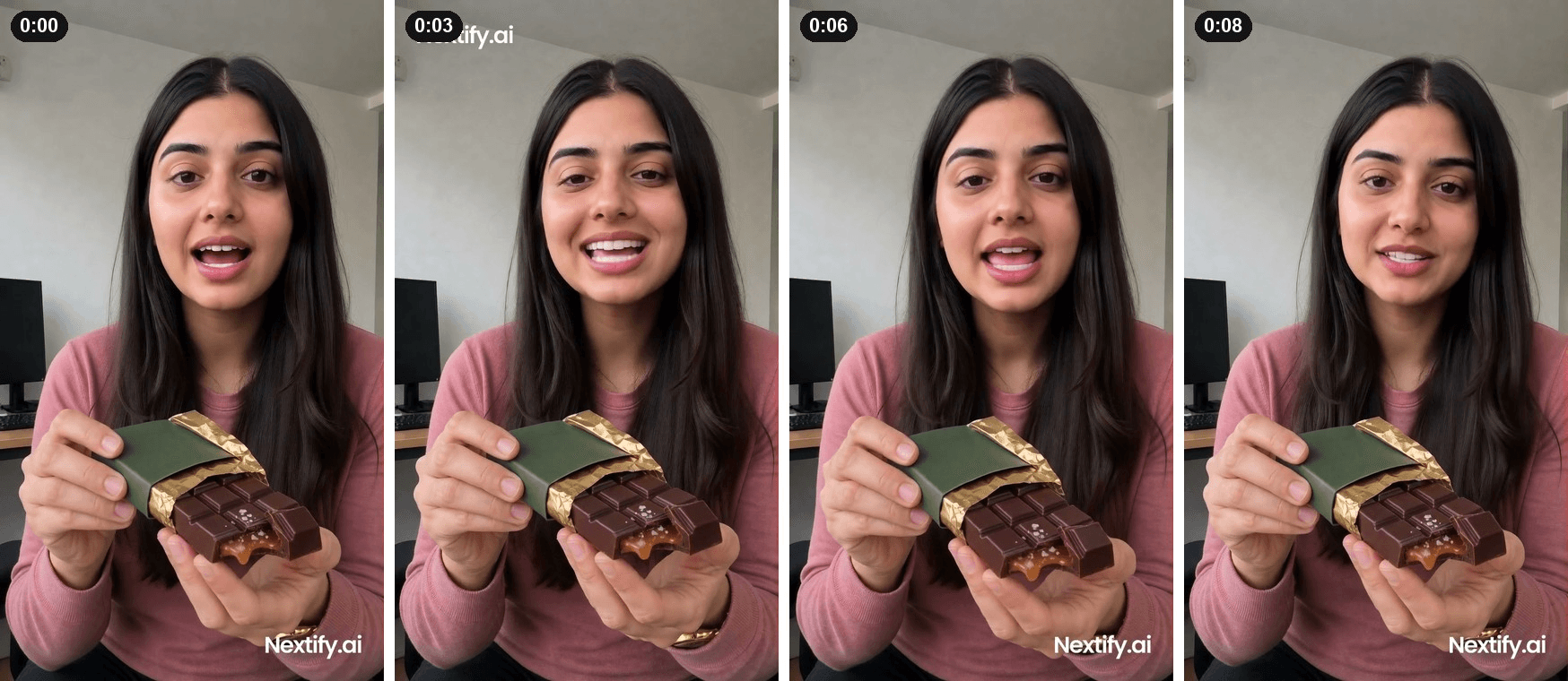 Nextify AI UGC ad from our chocolate bar test, with the library presenter holding the bar still while speaking the script, and the free-plan watermark visible. Frames from our own Nextify test on a free account, October 2026.