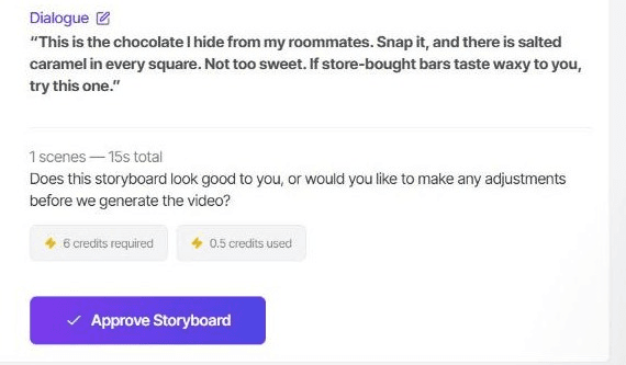 Tagshop AI storyboard step for our AI UGC ad test, listing the 6 credits needed to render and the 0.5 credits already used, on an account that held 1 free credit. Screenshot from our own Tagshop test on a free account, October 2026.