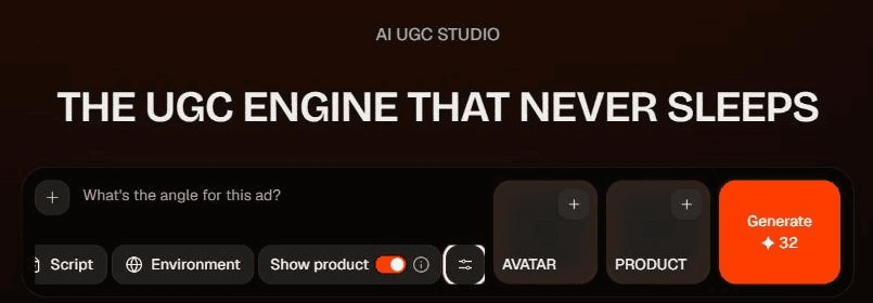 HeyOz AI UGC ads studio with the Script, Environment, and Show product controls, empty avatar and product slots, and a Generate button priced at 32 credits. Screenshot from our own HeyOz test on a free account, October 2026.