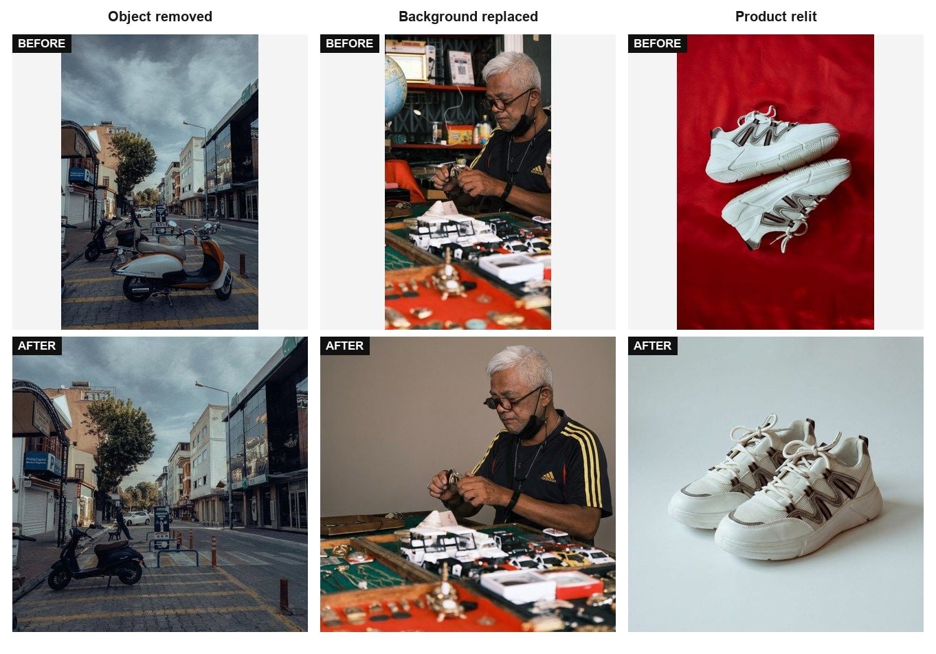 Three before and after pairs edited with Atlas Cloud Image Edit, showing a scooter removed from a street photo, a market stall background replaced, and sneakers relit on a studio backdrop.