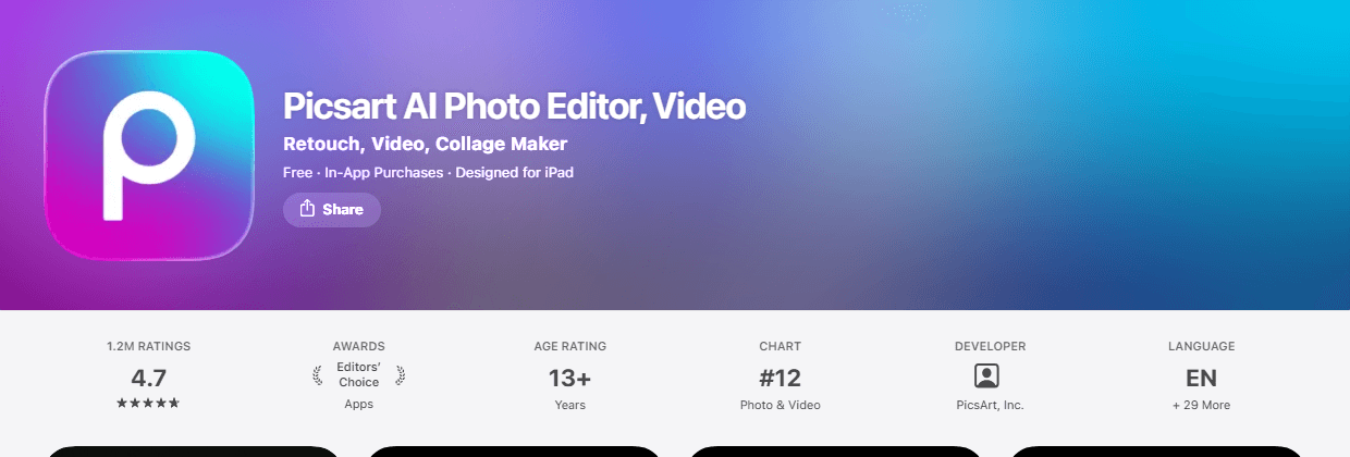 The Picsart listing on the iOS App Store showing a 4.7 star rating from 1.2 million ratings, marked free with in-app purchases.