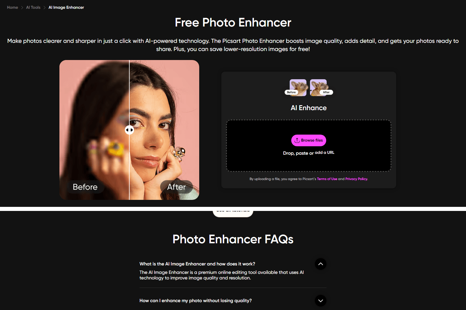 Two crops of the same Picsart AI Photo Enhancer page, the Free Photo Enhancer heading with the lower resolution line on top and the FAQ describing the tool as premium below.