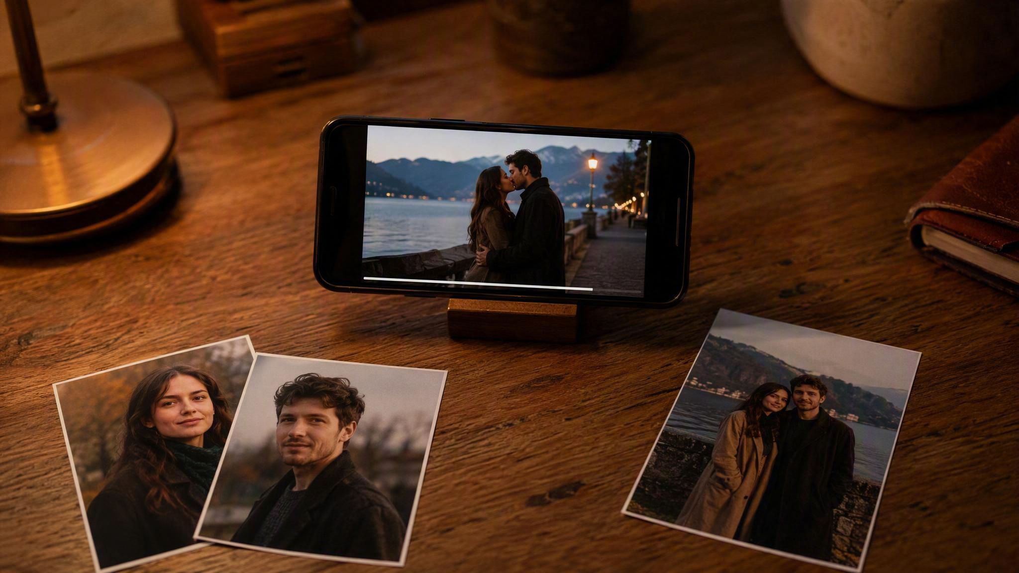 A phone playing an AI kissing video on a desk between two printed solo portraits and one printed couple photo, showing the two kinds of input an AI kissing video generator can start from.