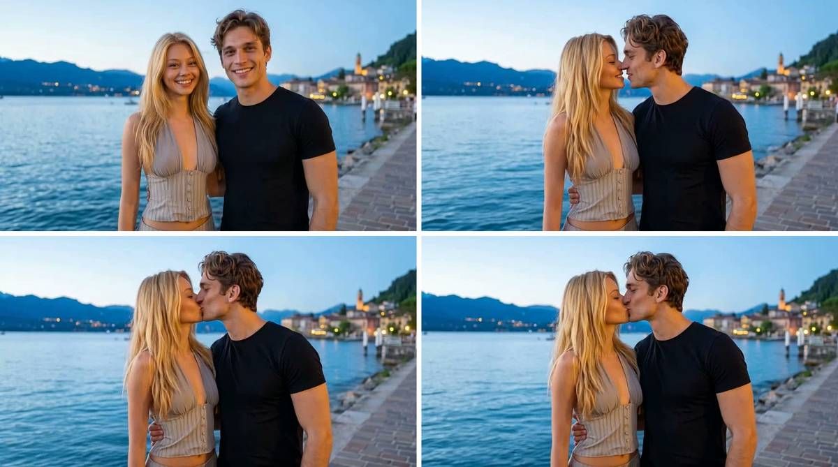 Amy Lee14 分钟前Four frames from the 5-second EaseMate kissing clip: the couple standing side by side, leaning in, meeting, and kissing on a lakeside promenade at dusk.