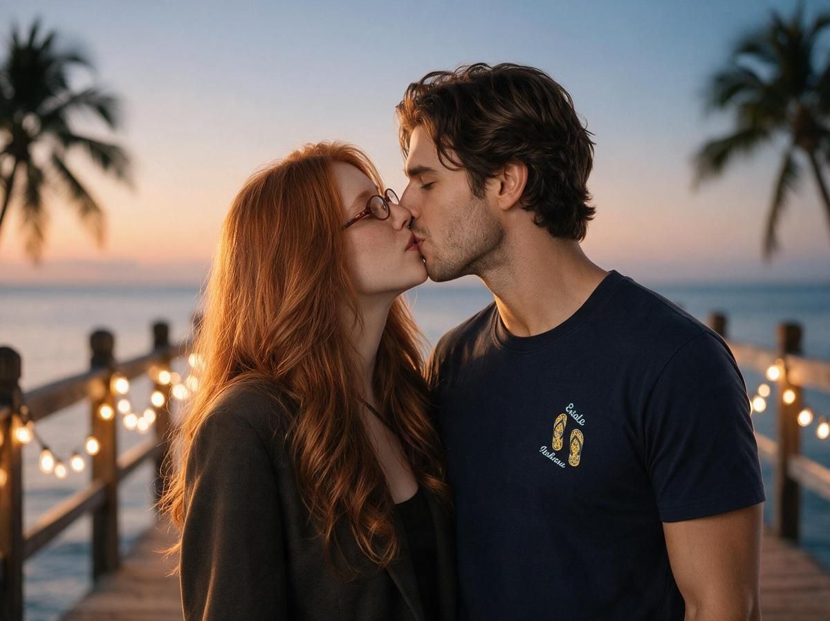 Kiss photo generated by Atlas Cloud's free AI kissing generator from two separate portraits: a red-haired woman with glasses and a dark-haired man in a navy tee kissing on a string-lit pier at dusk.