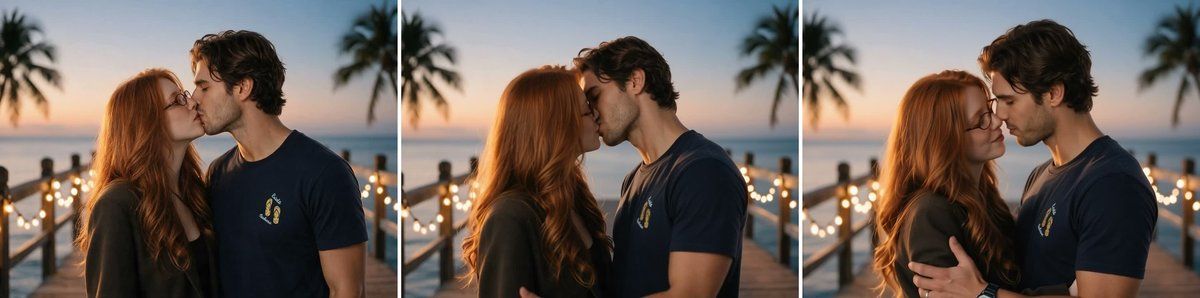 Three frames from the 5-second PixVerse V6 clip made on Atlas Cloud from the pier kiss photo: the couple close, leaning in, and embracing, with string lights behind them.