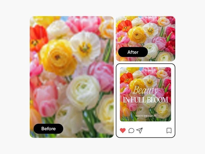 Picsart's own before and after example for its AI image enhancer, with a blurred flower photo, the upscaled version, and the finished image dropped into a social post layout