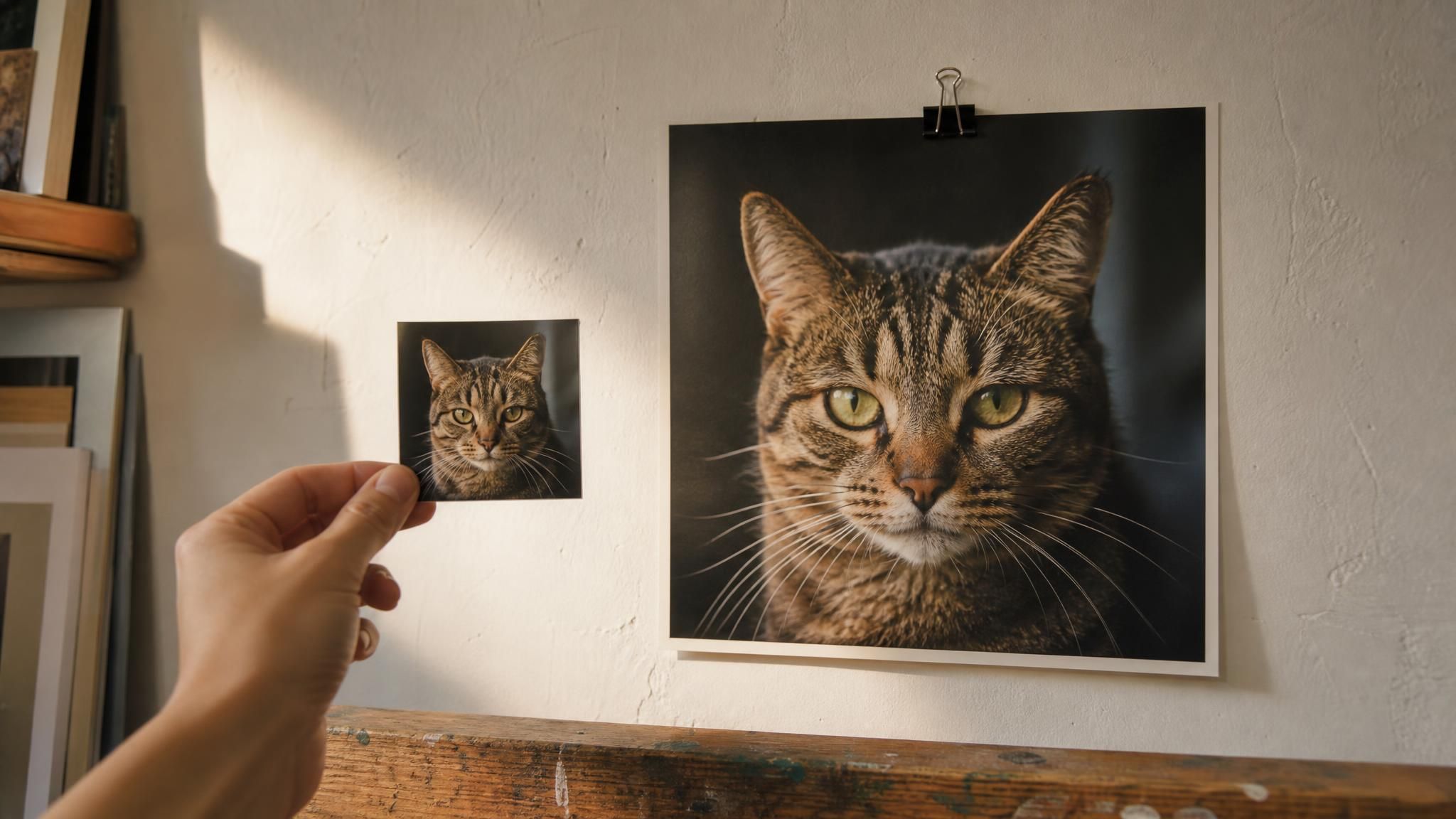 A hand holding a stamp sized photo print of a tabby cat in front of a large print of the same photograph, the enlargement showing fur detail the small print cannot hold