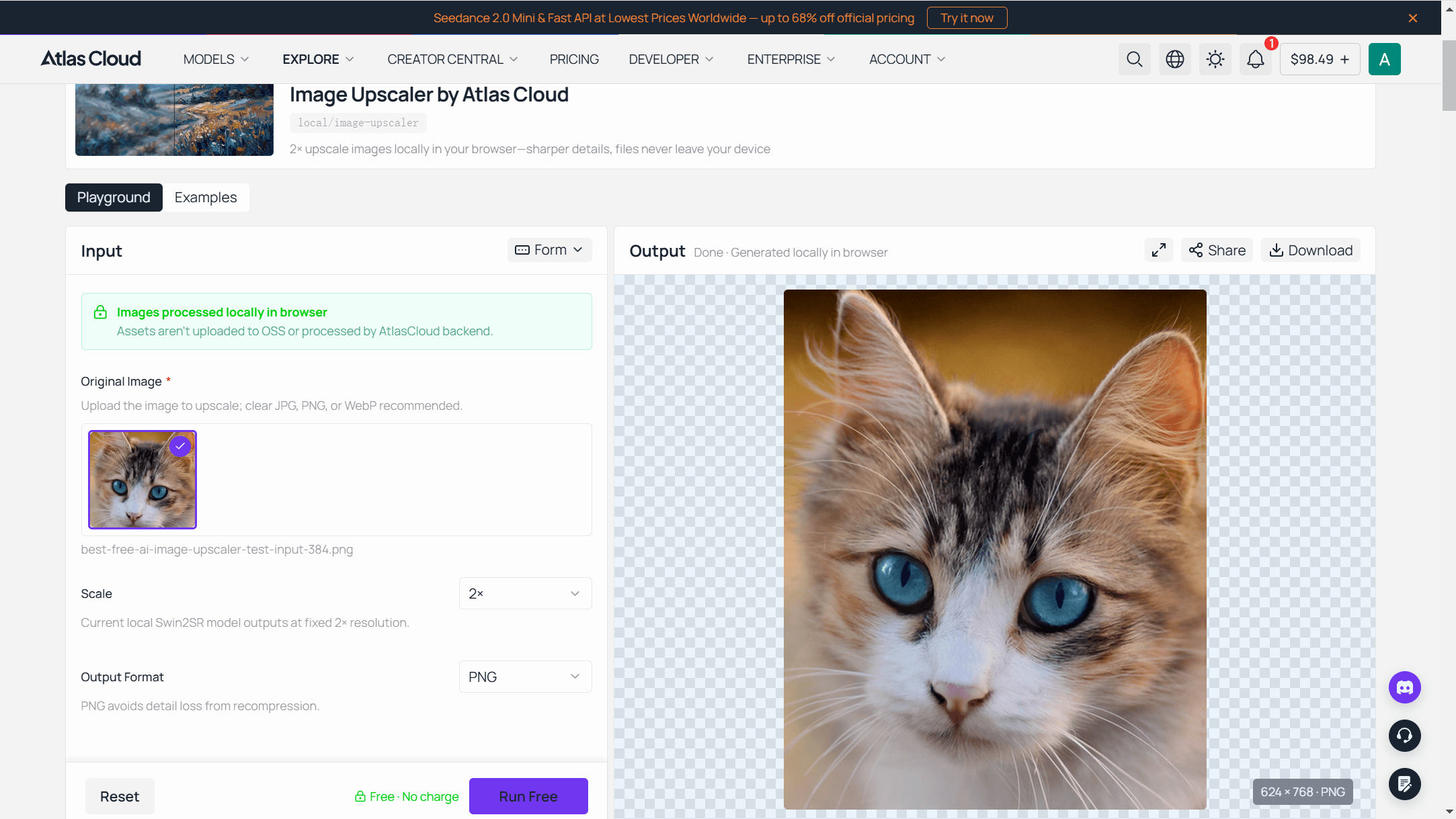 The Atlas Cloud free AI image upscaler after a run, with a 384 pixel cat portrait input beside its 768 pixel output and no watermark on the result
