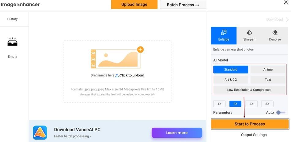 The VanceAI Image Enhancer workspace with its Enlarge, Sharpen and Denoise tabs, five AI model choices, 1X to 8X scale buttons and the stated 34 megapixel and 10 MB upload limits