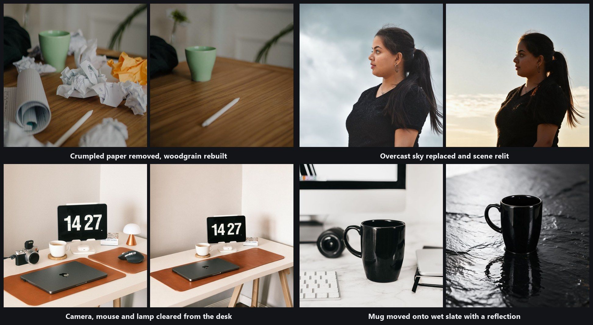 Four before and after pairs edited with Atlas Cloud Image Edit: crumpled paper cleared from a wooden desk, an overcast sky replaced with late afternoon light, a camera and mouse removed from a workspace, and a black mug moved onto wet slate with a reflection. Every pair ran on Seedream v5.0 Pro at 2048 pixels on 21 September 2026.