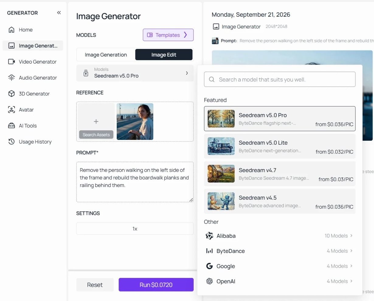 The Atlas Cloud Image Edit workspace with the model selector open. Four Seedream models sit under Featured with from prices per picture, and the Other section lists Alibaba with 10 models, ByteDance with 4, Google with 4 and OpenAI with 4.
