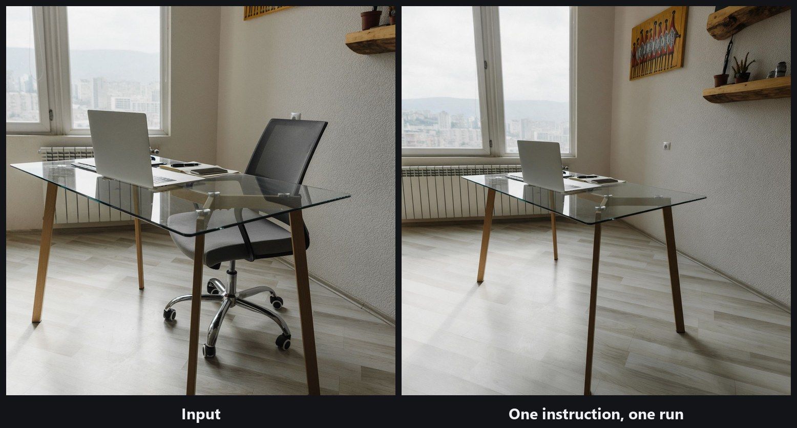 An office with a glass desk photographed before and after one Image Edit run that removed the black office chair and rebuilt the wooden floor and the radiator behind it, with the laptop and the window view unchanged.