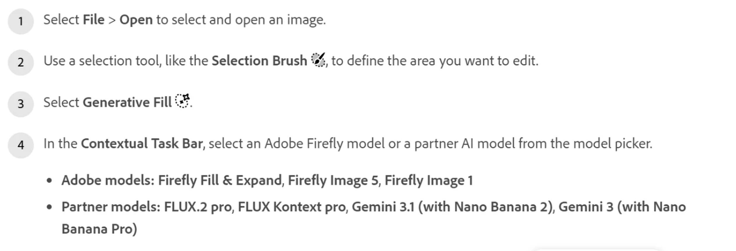 Adobe's Photoshop help page listing the Generative Fill model picker with three Firefly models and four partner models including FLUX.2 pro and two Gemini builds.