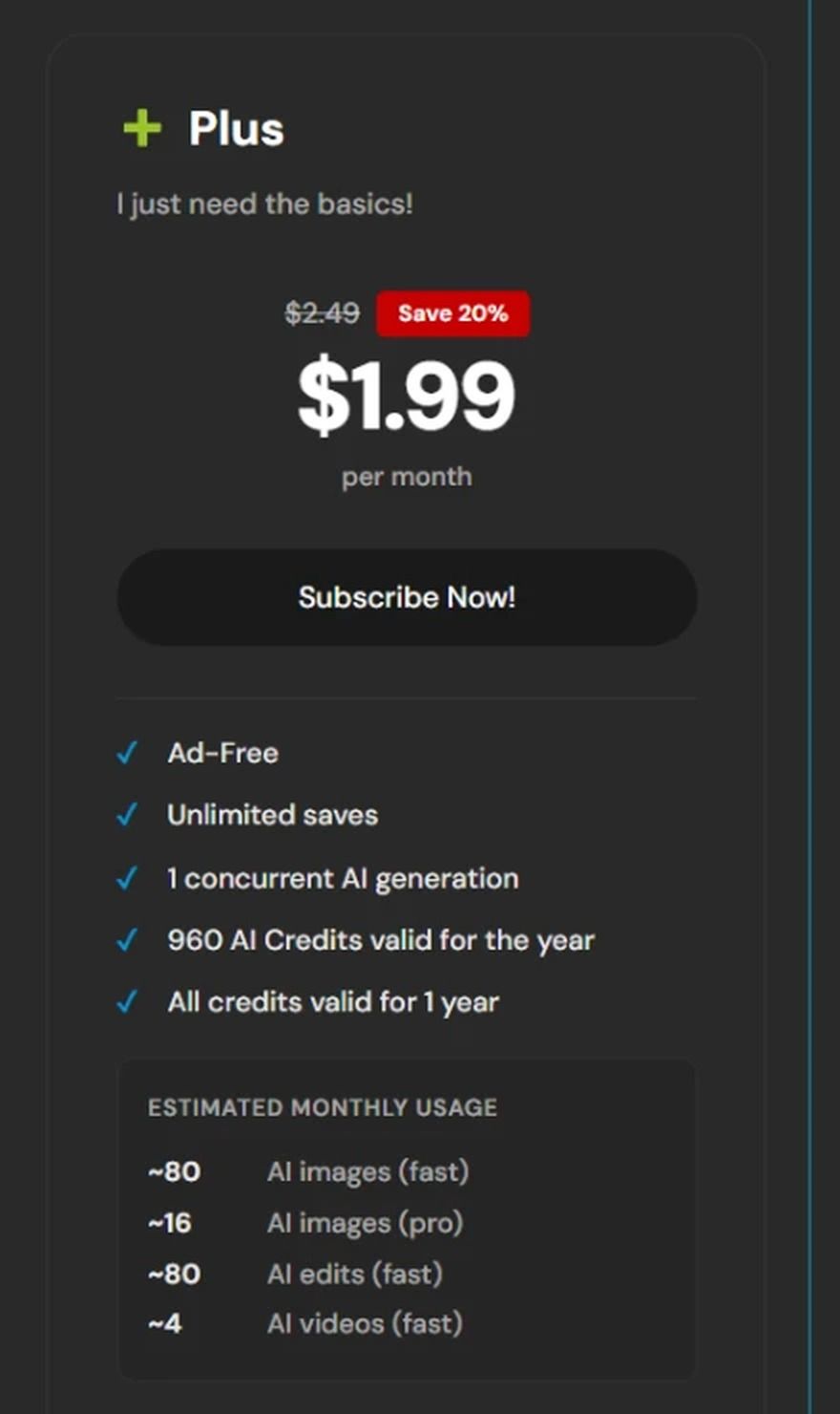 The Pixlr pricing page showing the Plus plan at US$1.99 a month, marked down from US$2.49 with a 20 percent saving, listing 960 AI credits valid for the year and an estimated monthly usage of about 80 fast AI images and 80 fast AI edits.