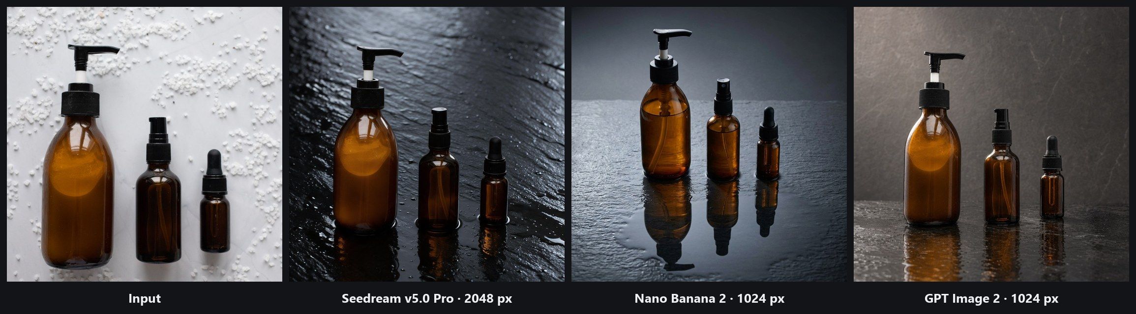 One skincare product photo edited three times through three different AI models in Atlas Cloud Image Edit, shown beside the original: Seedream v5.0 Pro at 2048 pixels, Nano Banana 2 at 1024 pixels, and GPT Image 2 at 1024 pixels.