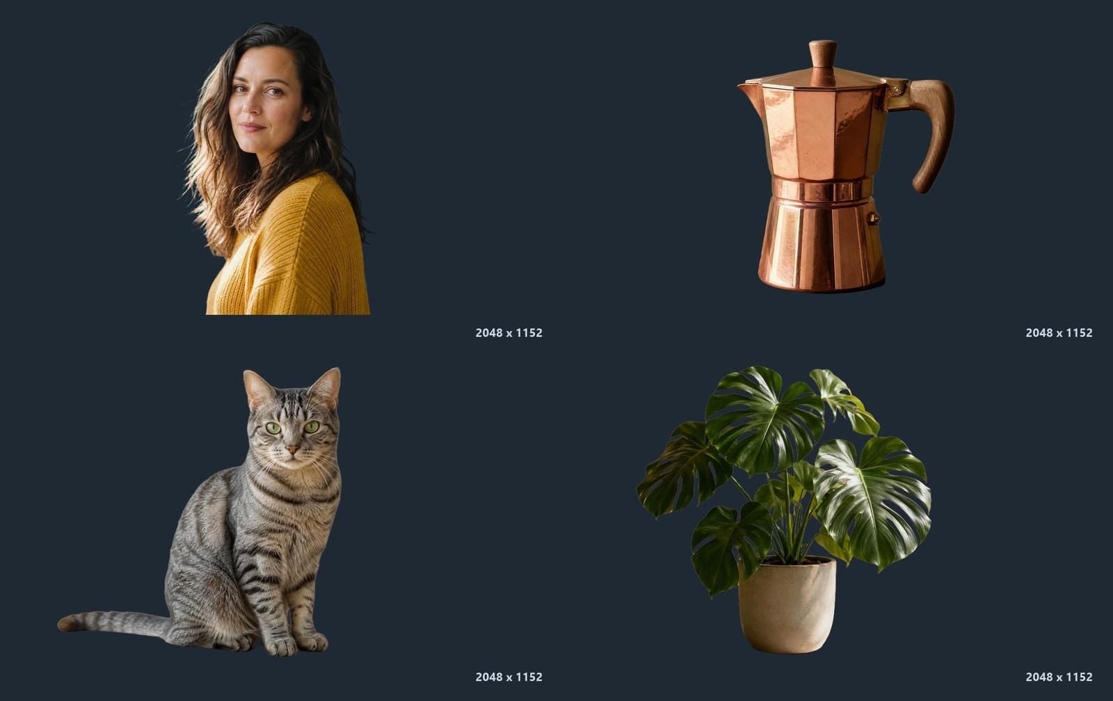 Four real cutouts from the free AI background remover on a dark background: a woman in a mustard knit sweater, a copper moka pot, a grey tabby cat, and a potted monstera plant, each at its original 2048 by 1152 pixel size with no watermark.