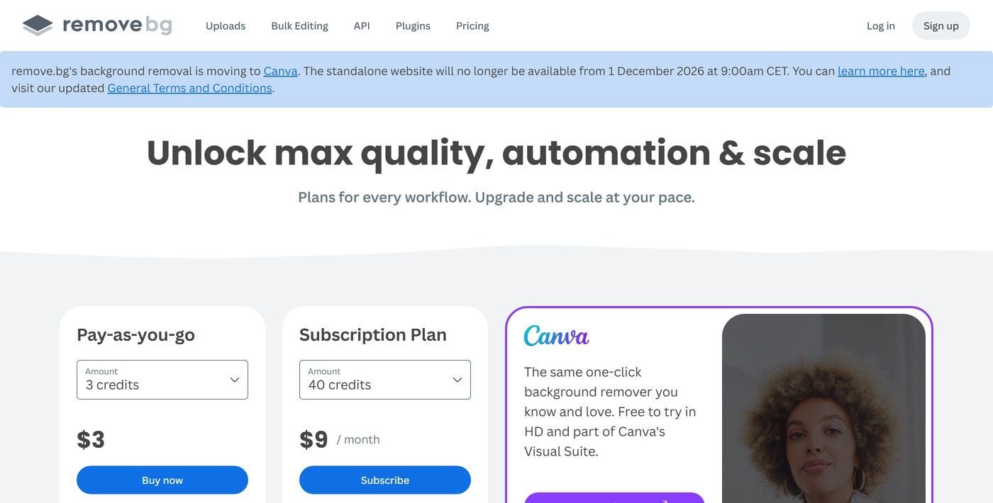 Screenshot of the remove.bg pricing page showing the notice that the standalone website closes on 1 December 2026 at 9:00am CET and the two plans, Pay-as-you-go at 3 credits for 3 dollars and the Subscription Plan at 40 credits for 9 dollars a month.