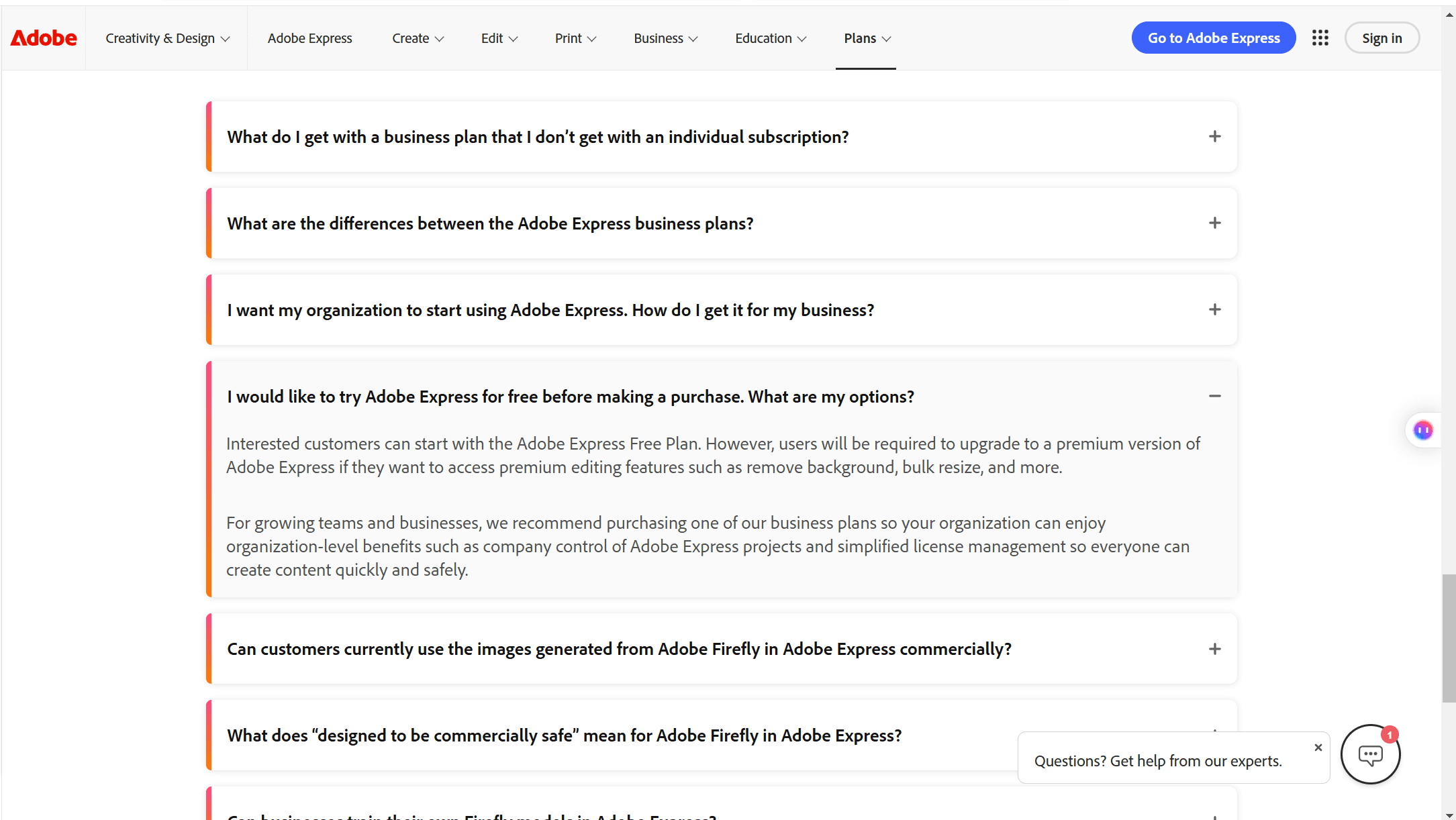 Amy Lee28 分钟前Screenshot of the Adobe Express pricing page showing the free plan at zero dollars, Premium at 9.99 dollars a month, and the note that remove background requires a premium version.
