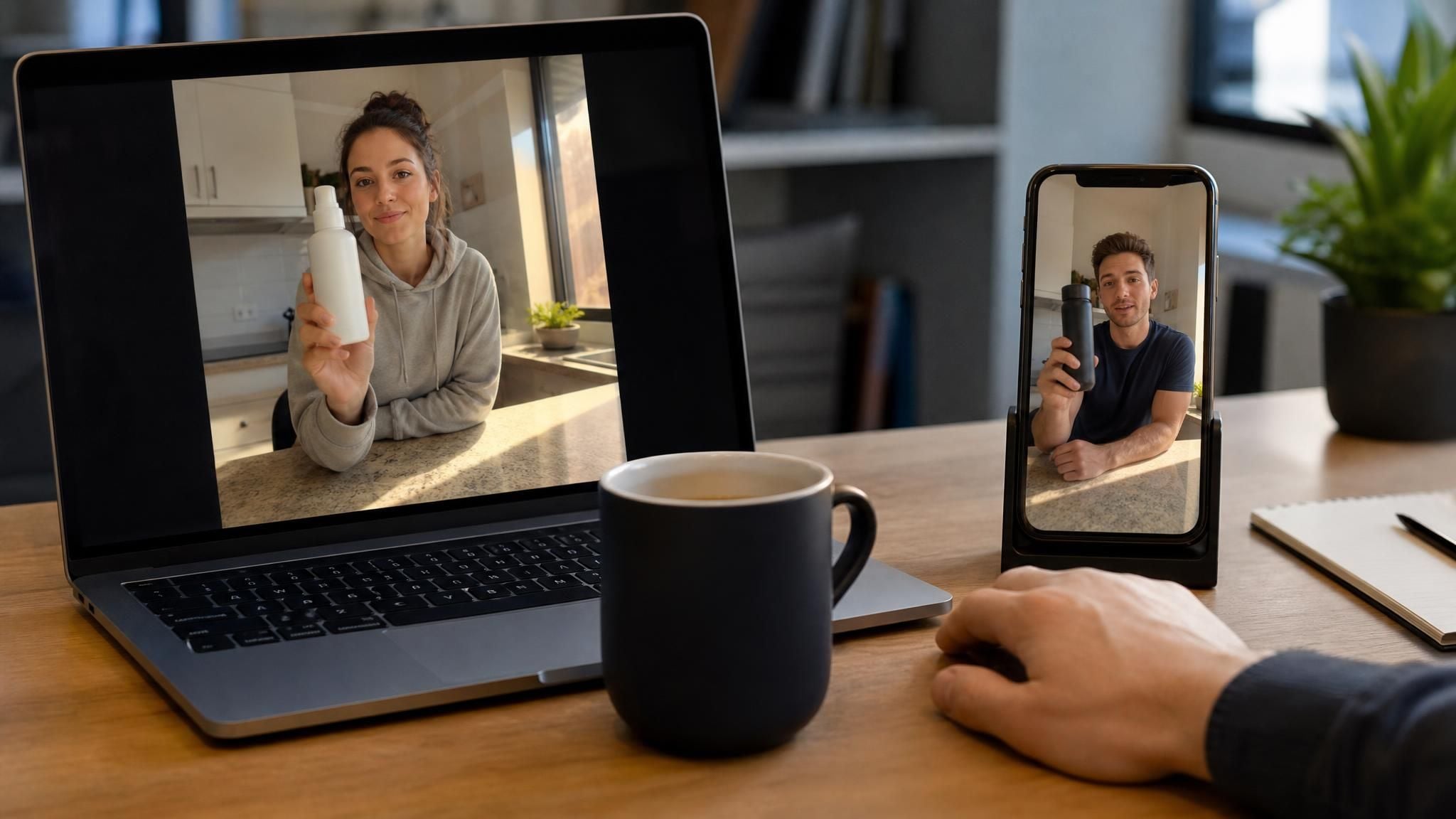 Twee schermen naast elkaar met een originele advertentievideo en de AI-gecloonde versie met een ander product, die een workflow van een AI-videoclonegenerator weergeeft.