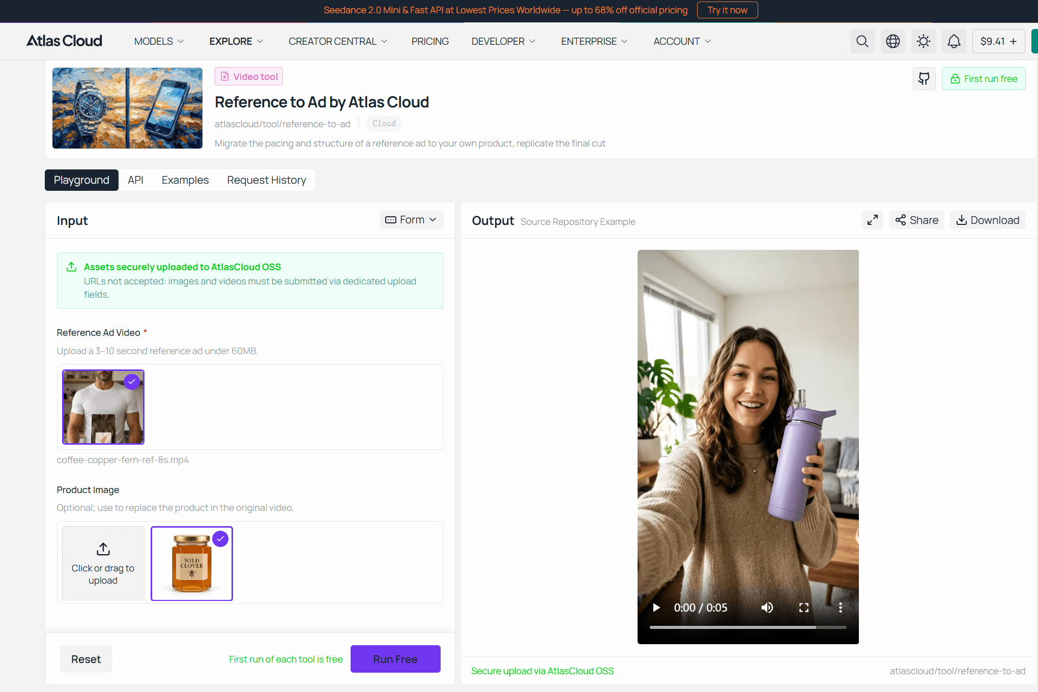 Atlas Cloud's Reference to Ad tool showing an uploaded reference video next to the generated ad with a new product and presenter.