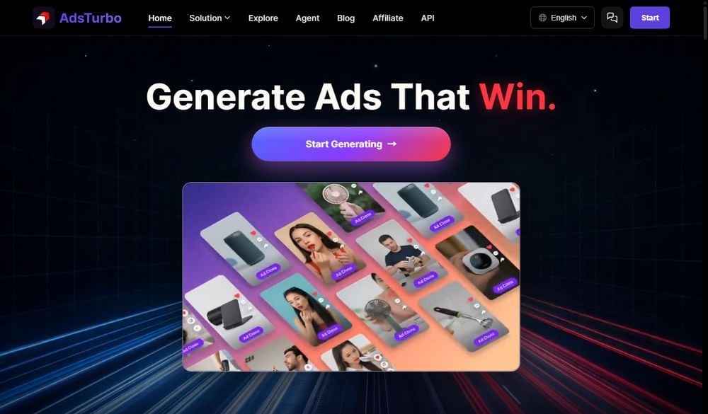 AdsTurbo homepage showing its Ad Clone feature applied across a grid of product ad thumbnails.