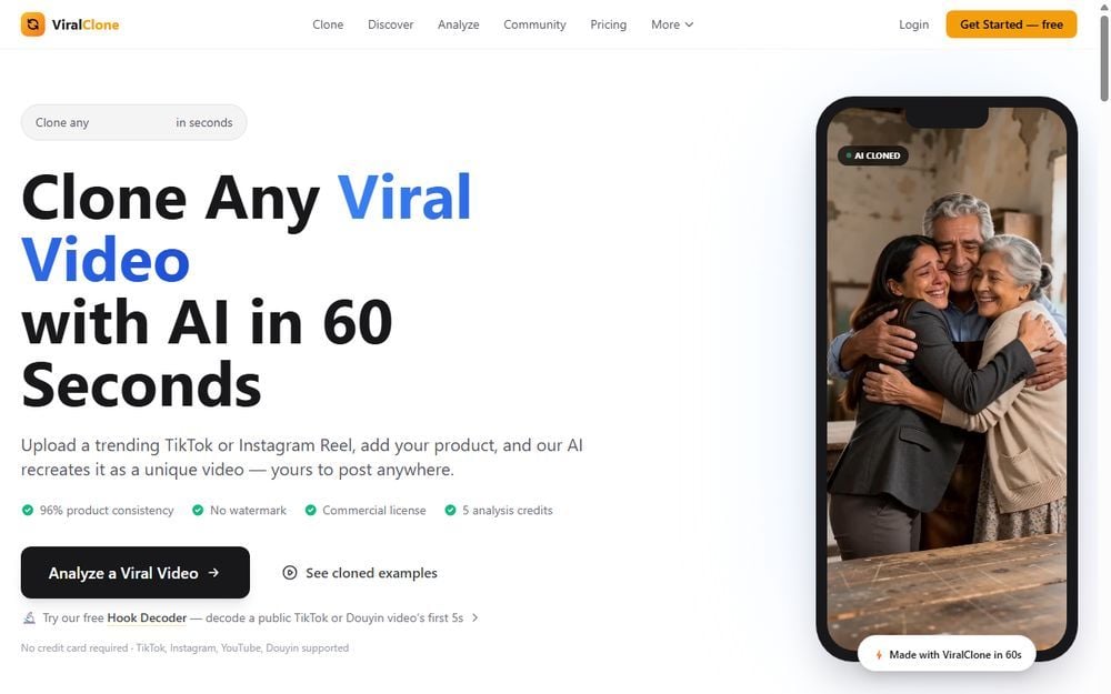 ViralClone.ai homepage showing its four-step workflow for cloning a viral video into a new ad with a different product.