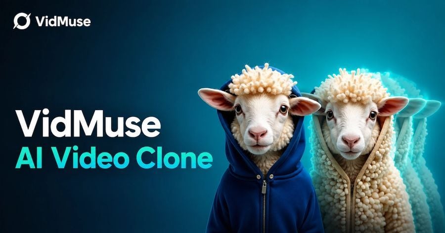 VidMuse branding for its AI Video Clone product, illustrated with two cloned sheep characters representing the cloning concept.