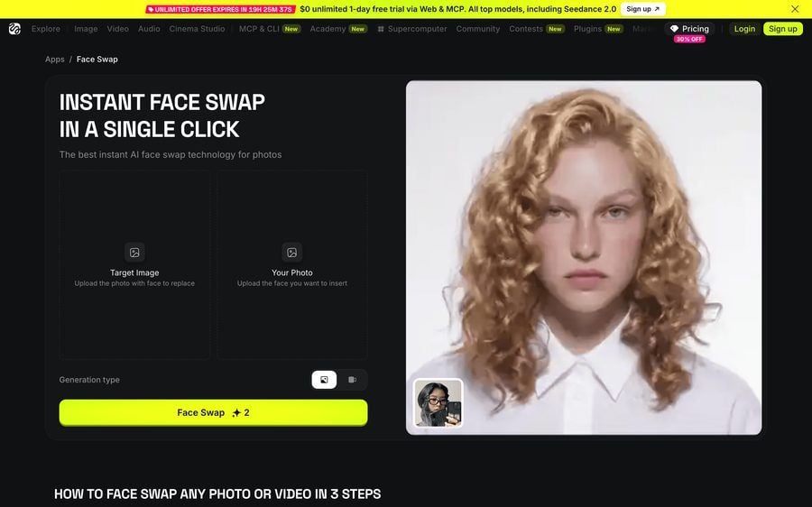 Higgsfield's Face Swap tool interface, with upload slots for a target image and a presenter's photo next to the swapped result.