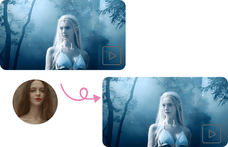 공식 faceswapvideo.ai 데모: 판타지 엘프 클립, 원형 삽입의 기증자 얼굴, 같은 의상과 조명의 새 얼굴을 가진 결과 프레임.