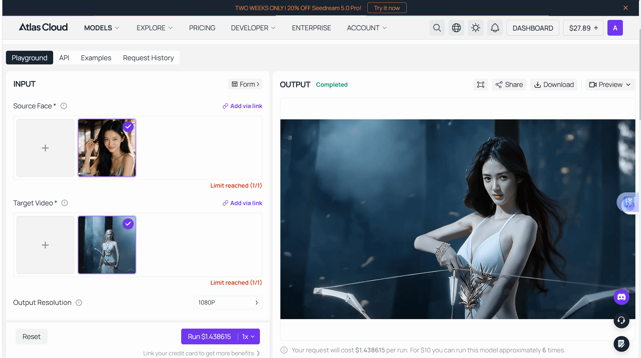 Atlas Cloud 얼굴 교체 랜딩 페이지: 모델의 업로드 양식 및 설명, 무제한 무료 티어를 광고하는 대신 실행 전에 가격을 명시.