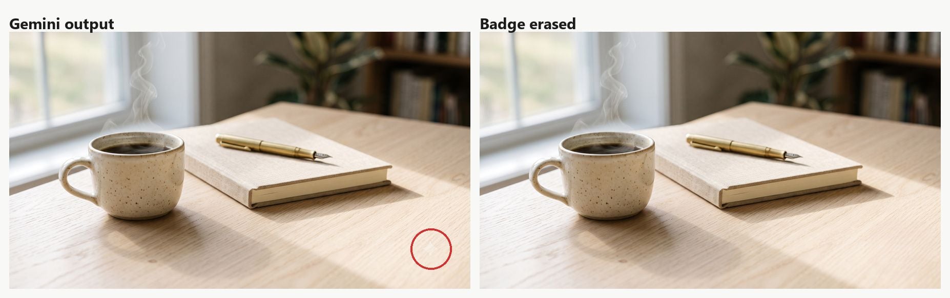 Gemini generated coffee cup photo shown twice, with the corner sparkle watermark present on the left and removed on the right