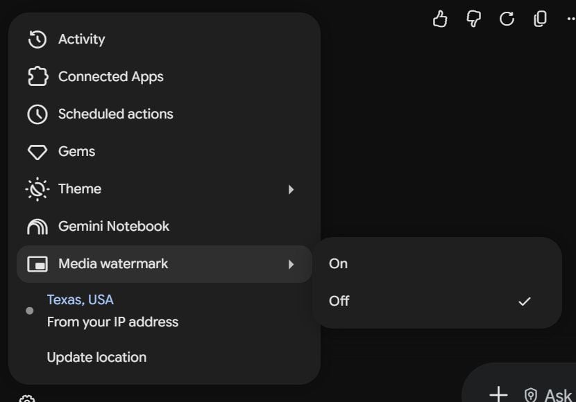 Gemini settings panel on the web showing the Media watermark toggle switched off